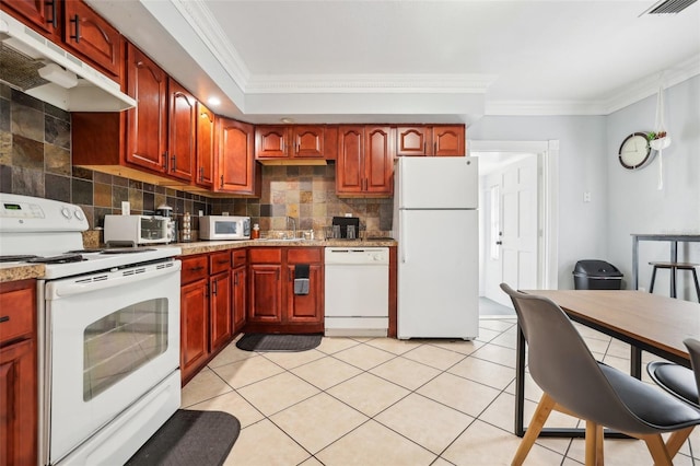 kitchen featuring light tile patterned floors, sink, ornamental molding, white appliances, and tasteful backsplash