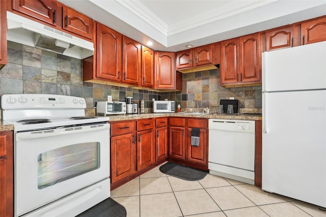 kitchen with tasteful backsplash, sink, light tile patterned flooring, white appliances, and crown molding