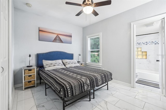 bedroom featuring connected bathroom and ceiling fan