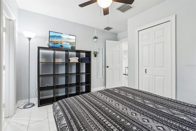 bedroom featuring ceiling fan and a closet