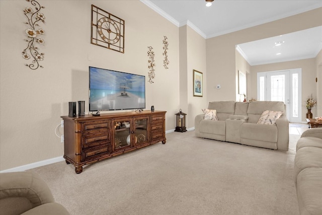 carpeted living room featuring ornamental molding