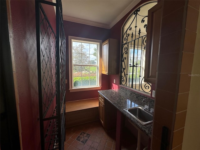 kitchen featuring dark tile patterned flooring, ornamental molding, dark stone counters, and sink