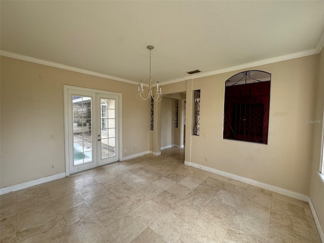 unfurnished dining area featuring ornamental molding, an inviting chandelier, and french doors