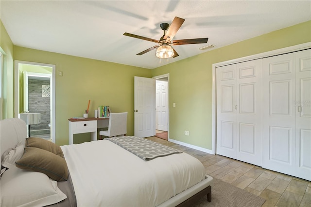 bedroom with ceiling fan, visible vents, baseboards, a closet, and light wood-type flooring