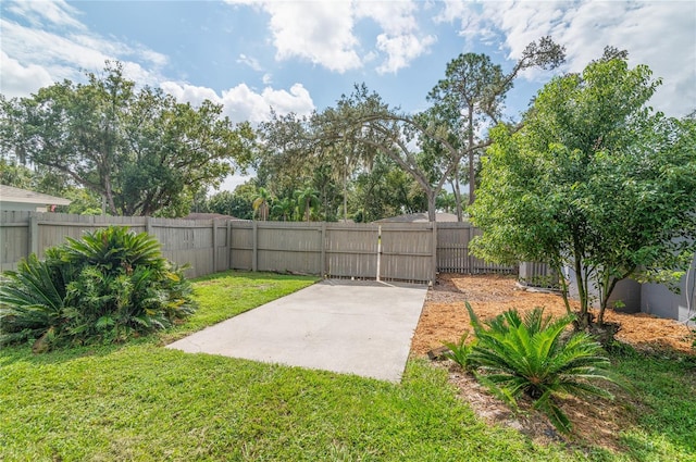 view of yard with a patio area, a fenced backyard, and a gate