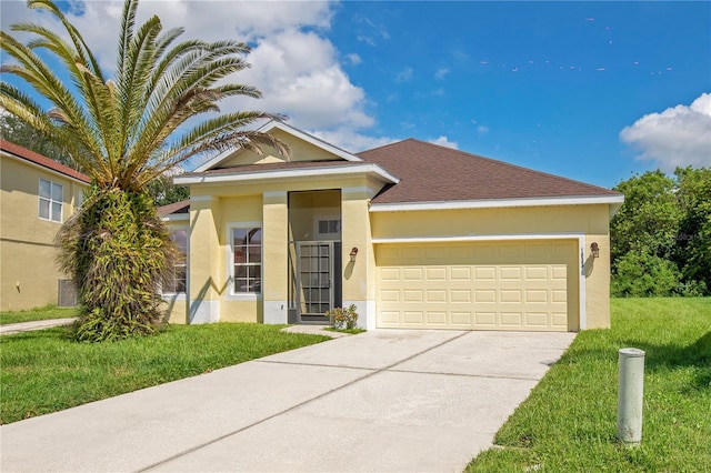 1033 Hacienda Cir, Kissimmee, FL 34741 - ranch-style house featuring a garage, stucco siding, roof with shingles, a front yard, and concrete driveway