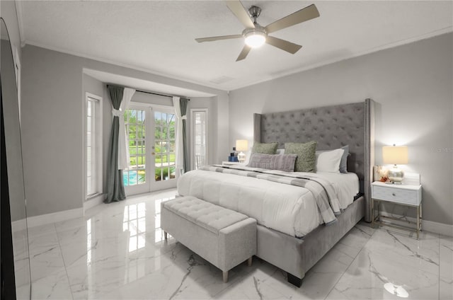 bedroom featuring ceiling fan, access to exterior, crown molding, and french doors