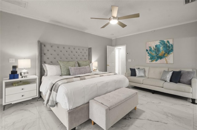 bedroom featuring a textured ceiling, ceiling fan, and crown molding