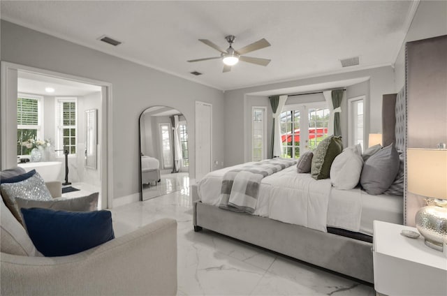 bedroom with french doors, ceiling fan, and crown molding