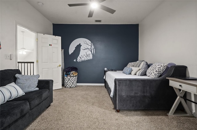 carpeted bedroom with ceiling fan