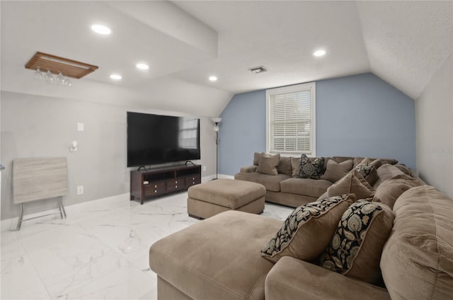 living room with lofted ceiling