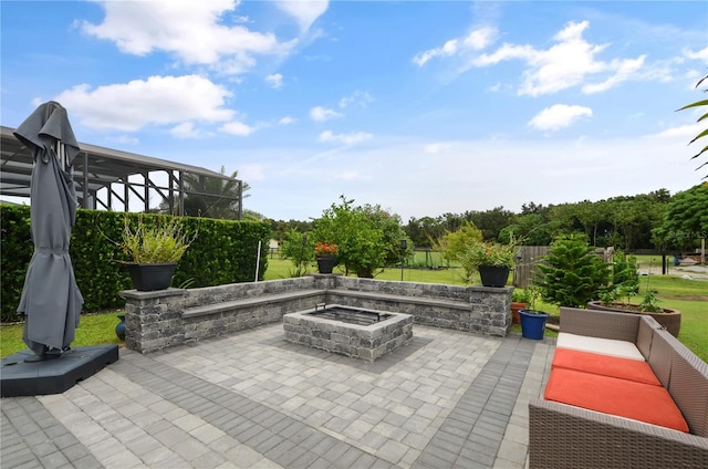 view of patio featuring a fire pit