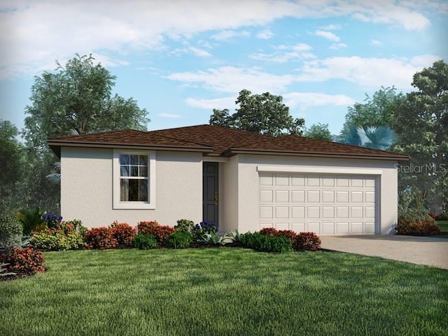 view of front of house with a front lawn, an attached garage, driveway, and stucco siding