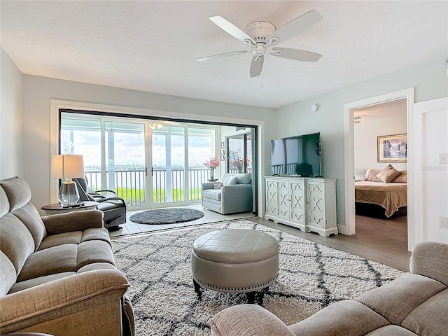 living room featuring ceiling fan, hardwood / wood-style flooring, and a textured ceiling