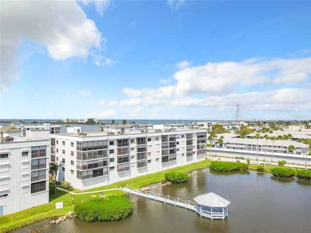 drone / aerial view with a water view