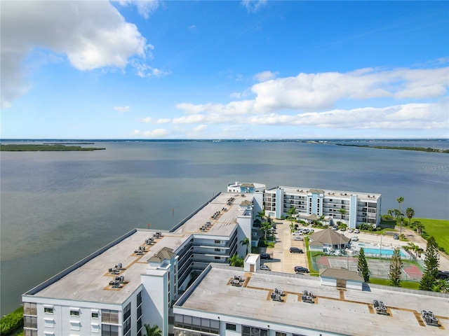 drone / aerial view with a water view