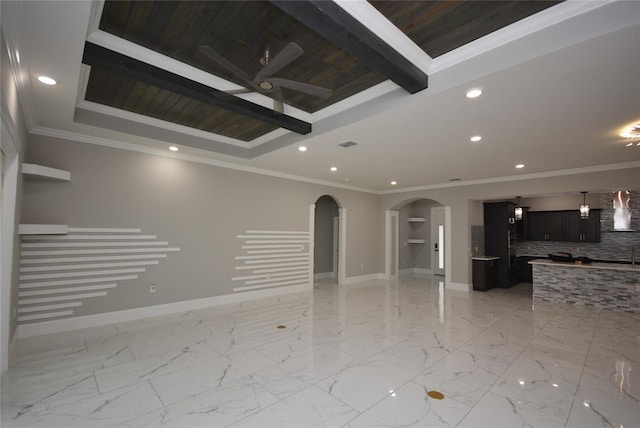 unfurnished living room featuring a raised ceiling, crown molding, wood ceiling, and beamed ceiling