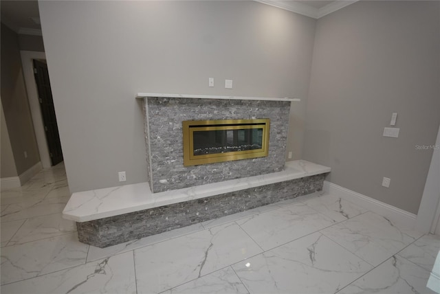 interior details with crown molding and a fireplace