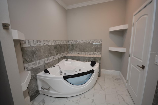 bathroom featuring a bathing tub, crown molding, and tile walls