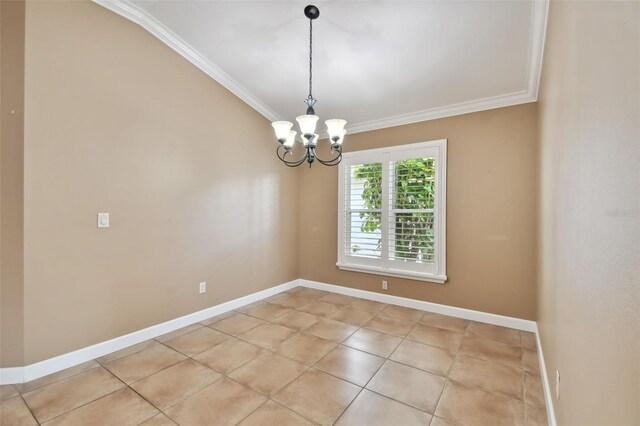 unfurnished room with light tile patterned flooring, crown molding, and a notable chandelier