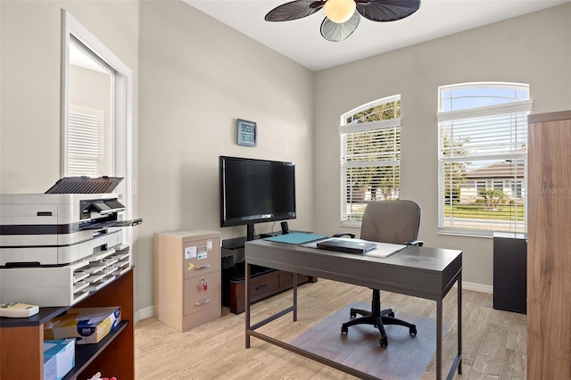 office area featuring ceiling fan and light hardwood / wood-style floors