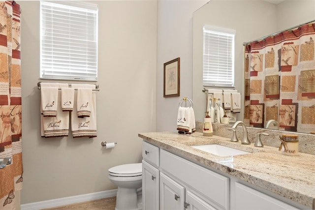 bathroom with vanity, hardwood / wood-style floors, and toilet