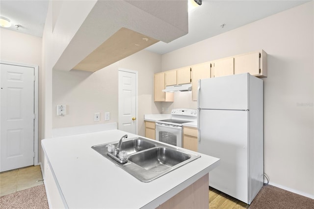 kitchen featuring light colored carpet, sink, light brown cabinetry, and white appliances