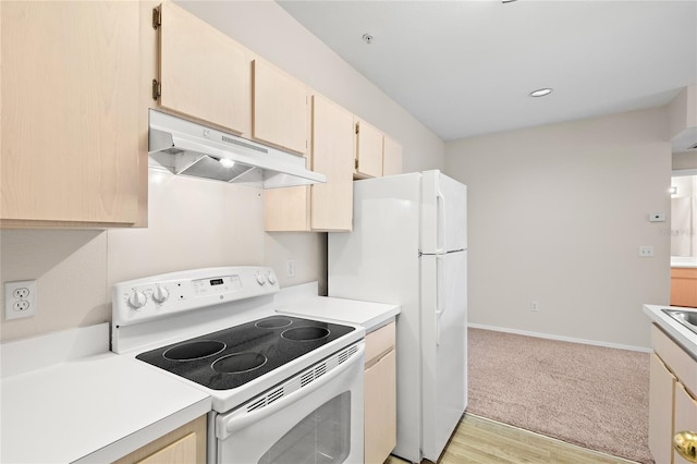 kitchen featuring light brown cabinets, light hardwood / wood-style flooring, and white appliances