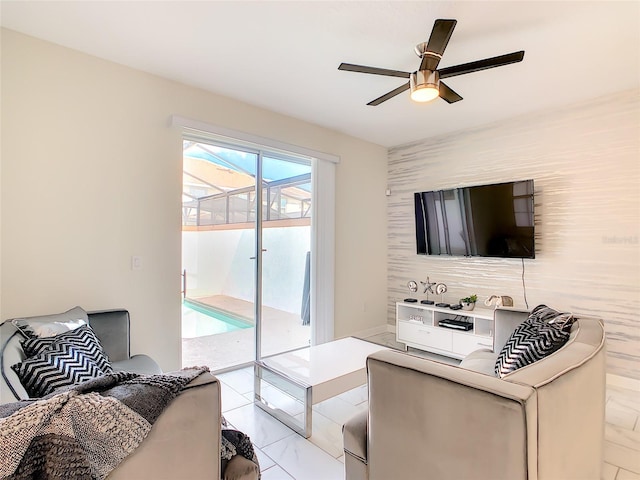 living room featuring ceiling fan