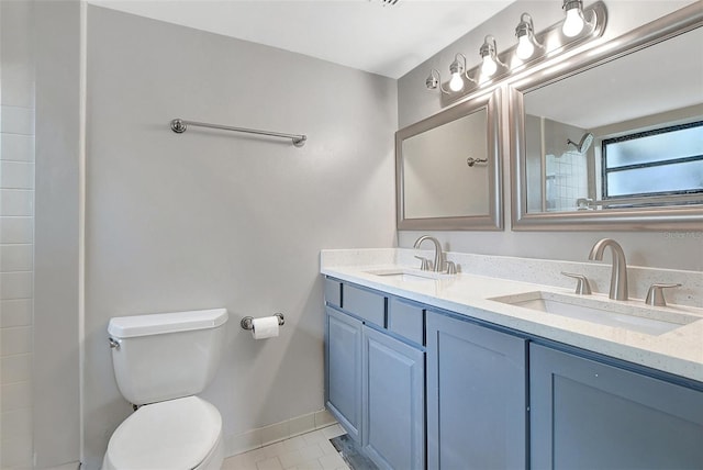 bathroom featuring walk in shower, tile patterned flooring, vanity, and toilet