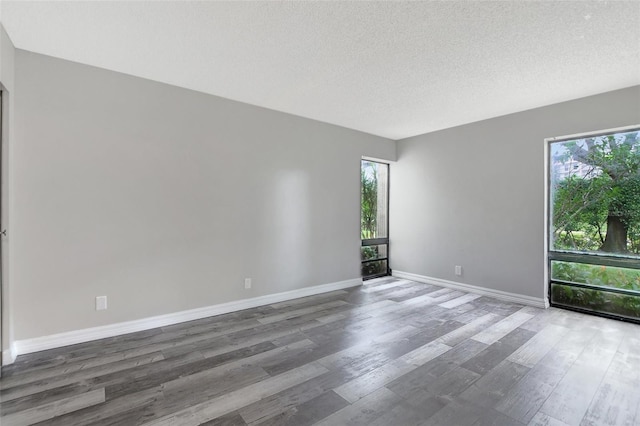 spare room with a textured ceiling, a healthy amount of sunlight, and wood-type flooring