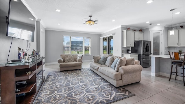 tiled living room with ornamental molding