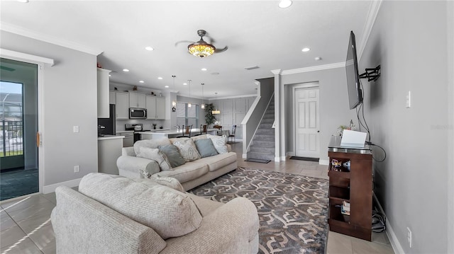 living room with ornamental molding