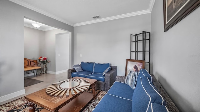 living room with crown molding and light tile patterned flooring