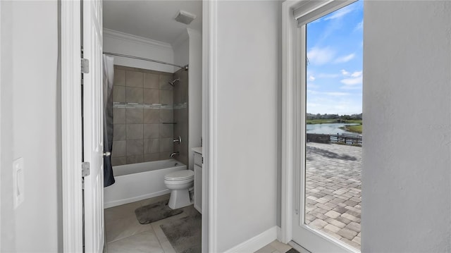 full bathroom featuring shower / bath combination with curtain, toilet, ornamental molding, vanity, and a water view