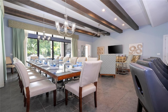 dining area with beamed ceiling, ceiling fan with notable chandelier, and tile patterned flooring