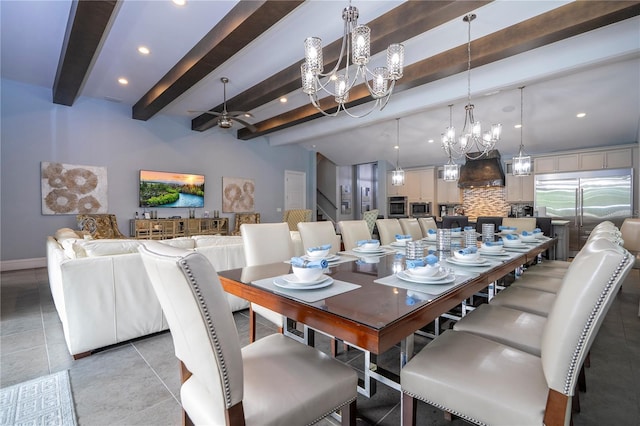 tiled dining area featuring ceiling fan with notable chandelier and beamed ceiling