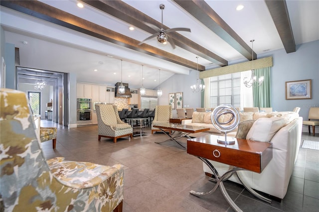 living room featuring vaulted ceiling with beams, ceiling fan with notable chandelier, and tile patterned flooring