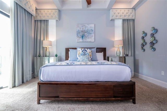 bedroom with light carpet and ceiling fan