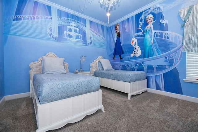 bedroom featuring carpet flooring and ornamental molding