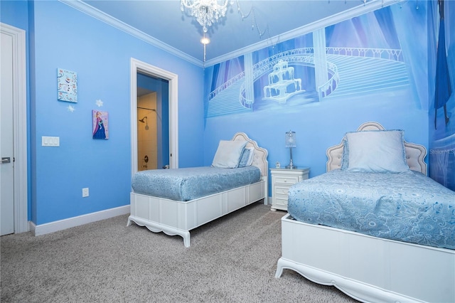 bedroom featuring carpet flooring and crown molding