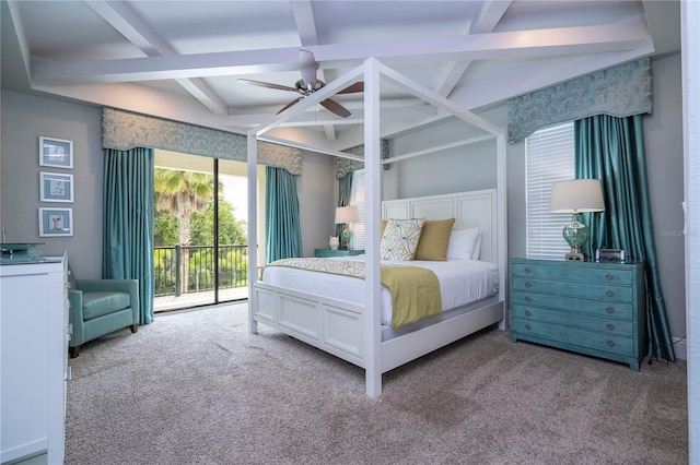 bedroom with carpet floors, beamed ceiling, ceiling fan, and access to exterior