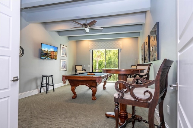 playroom featuring carpet flooring, ceiling fan, beamed ceiling, and billiards