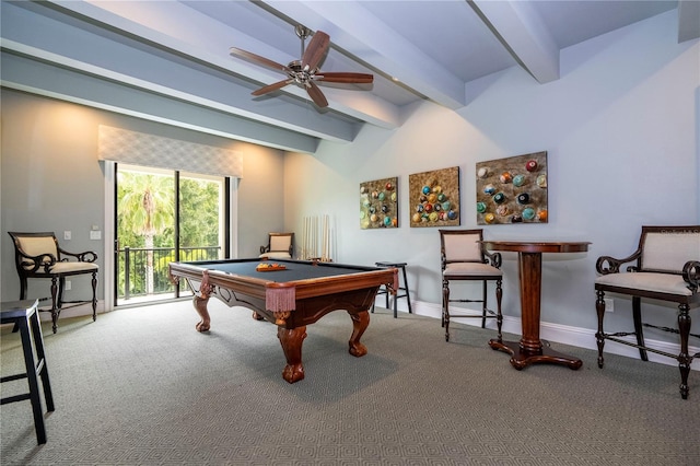 rec room with pool table, carpet, beam ceiling, and ceiling fan