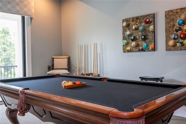 playroom with a wealth of natural light, carpet, and billiards