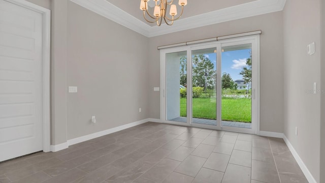 interior space with crown molding and a chandelier