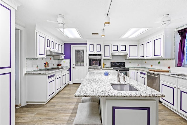 kitchen with sink, an island with sink, light stone countertops, light wood-type flooring, and appliances with stainless steel finishes