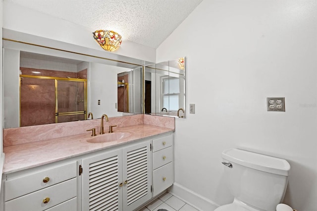 bathroom featuring tile patterned floors, a shower with door, vanity, a textured ceiling, and lofted ceiling