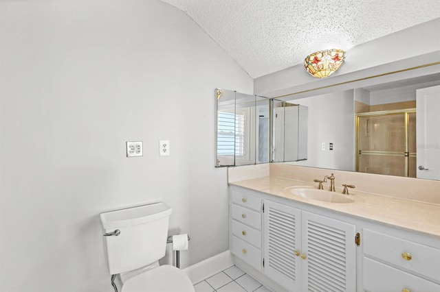 bathroom featuring a shower with door, vanity, a textured ceiling, vaulted ceiling, and tile patterned flooring