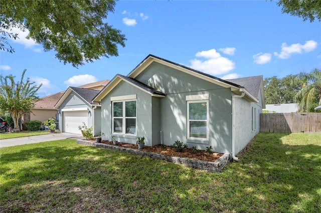 ranch-style house with a garage and a front yard